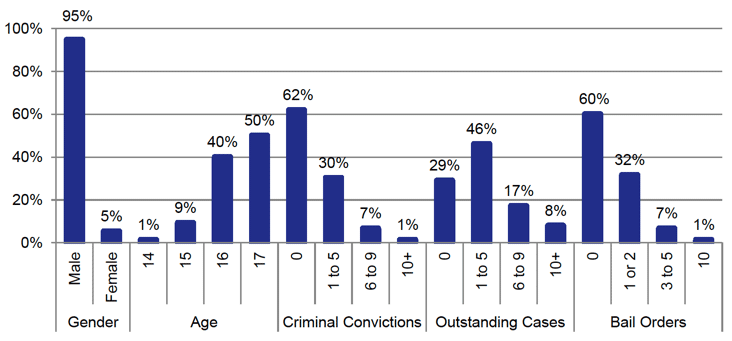 Chart 5 provides a profile of young people placed on petition by gender, age, criminal convictions, outstanding cases and whether they were subject to bail orders. The key findings of the chart are listed below.